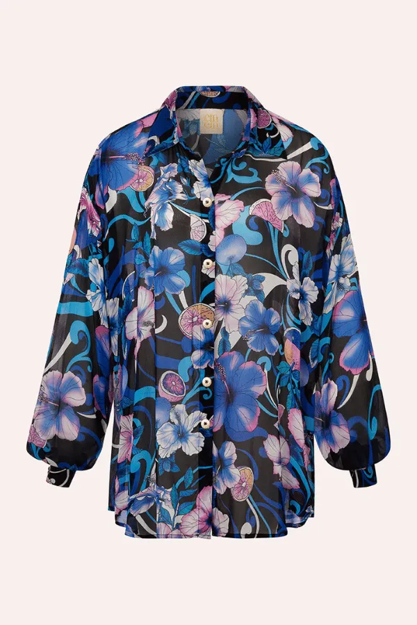 Solace Button Up Shirt Hibiscus Blue