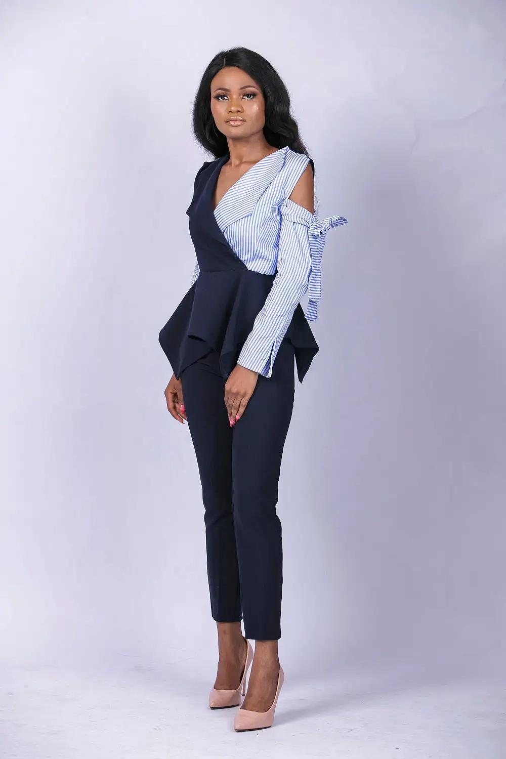 Tara Contrasting Peplum Wrap Blouse and Pant Set