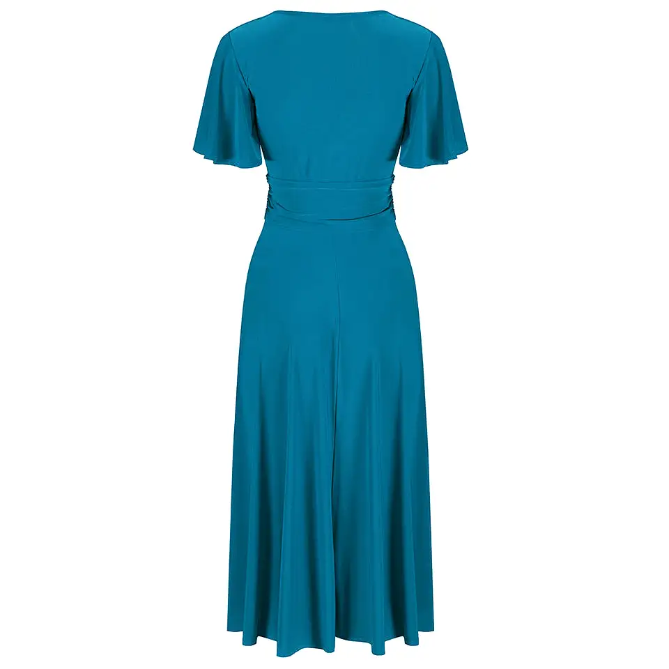 Teal Blue Cap Sleeve Crossover V Neck Wrap Top Swing Dress