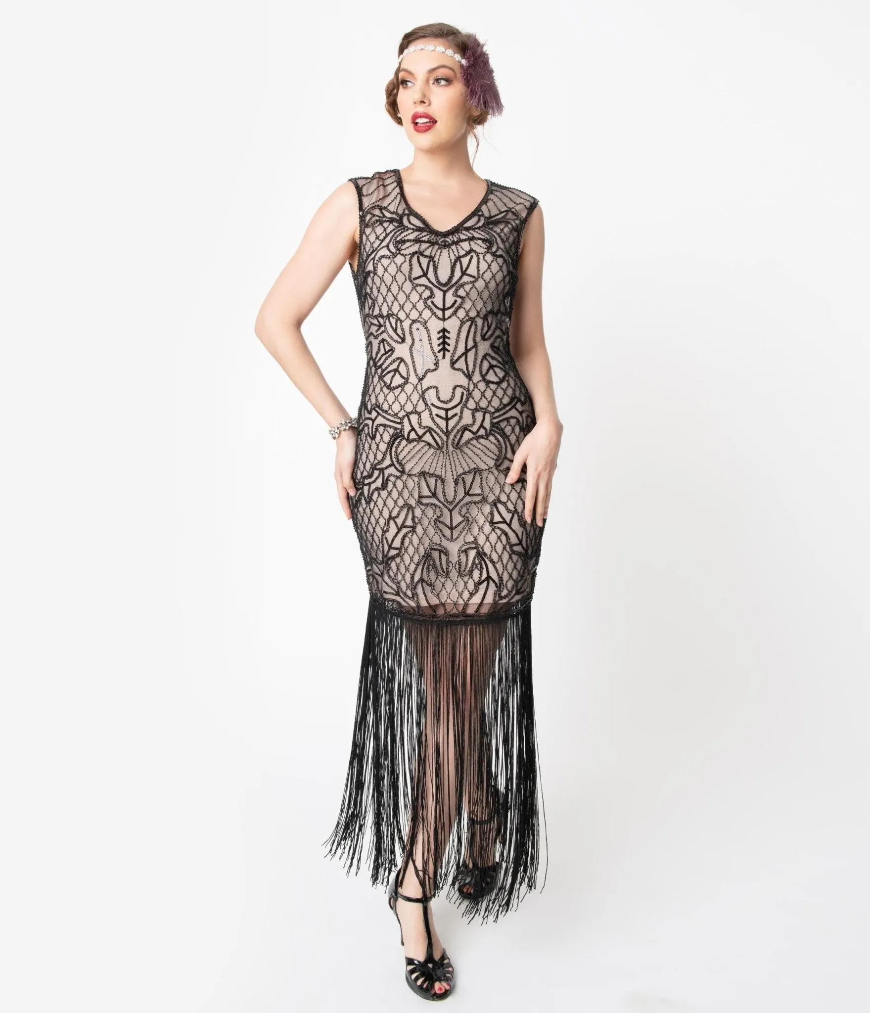 Unique Vintage 1920s Pink & Black Beaded Myriam Long Cocktail Dress