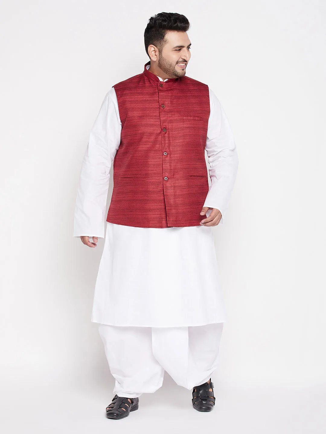 VASTRAMAY Men's Plus Size Maroon Cotton Blend Jacket With White Kurta And Dhoti Set