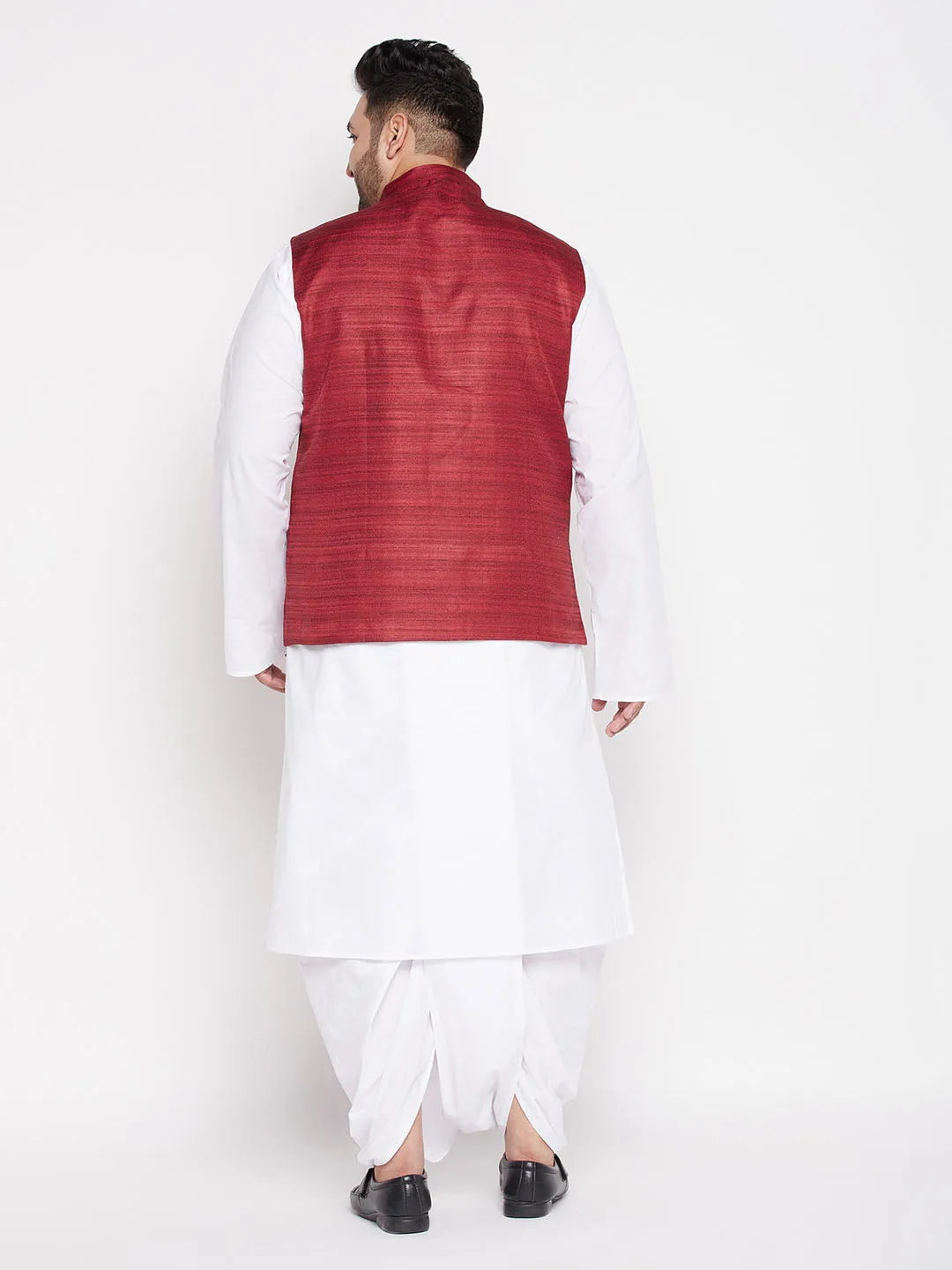 VASTRAMAY Men's Plus Size Maroon Cotton Blend Jacket With White Kurta And Dhoti Set