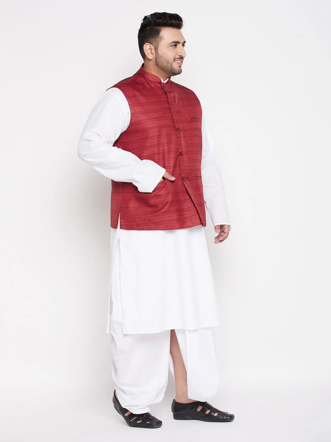 VASTRAMAY Men's Plus Size Maroon Cotton Blend Jacket With White Kurta And Dhoti Set