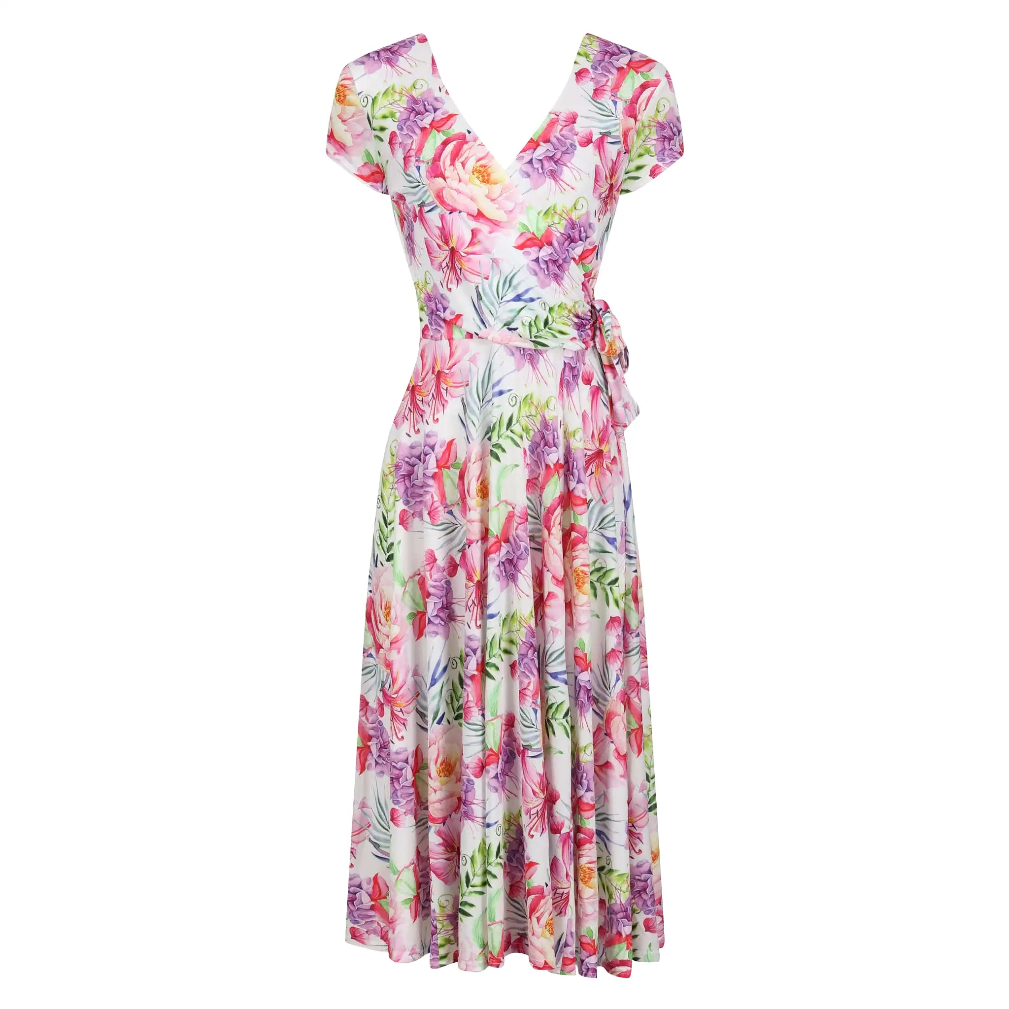 White Floral Print Cap Sleeve Crossover V Neck Wrap Top Swing Dress