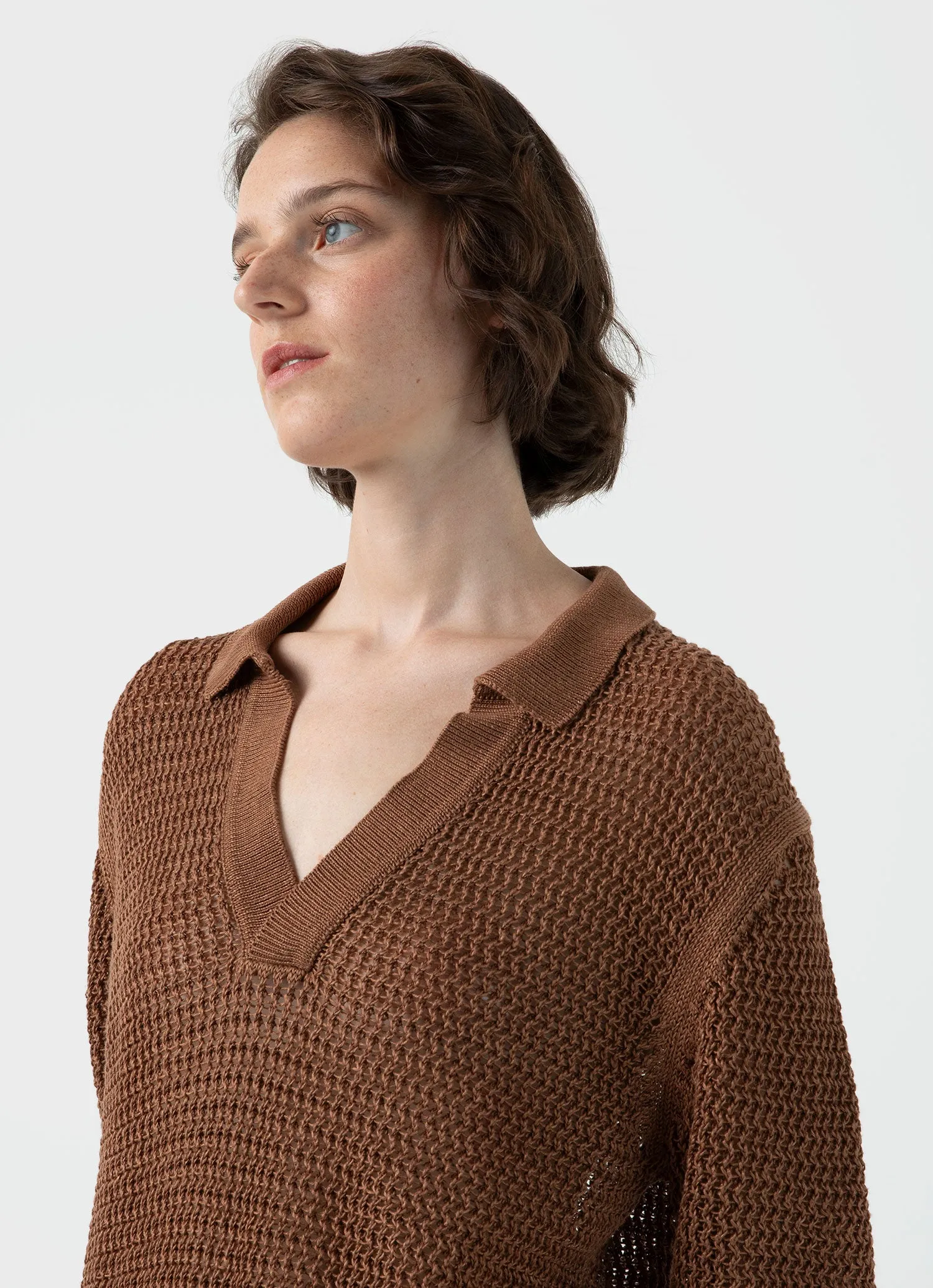 Women's Linen Mesh Polo Shirt in Brown